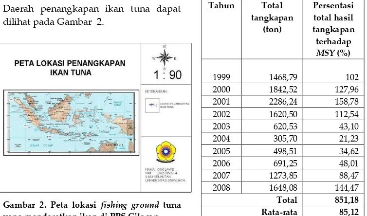 Gambar 2. Peta lokasi fishing ground tuna yang mendaratkan ikan di PPS Cilacap 