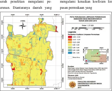 Gambar 4. Peta Perubahan Koefisien Limpasan Permukaan Sebagian Desa Maguwoharjo Tahun 2004 – 2010