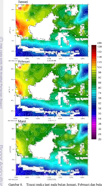 Gambar 8.    Tinggi muka laut pada bulan Januari, Februari dan bulan Maret dari tahun 2002-2010 
