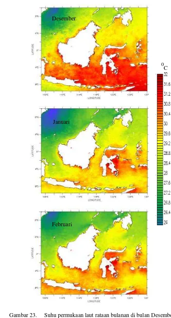 Gambar 23.     Suhu permukaan laut rataan bulanan di bulan Desember, Januari dan Februari 