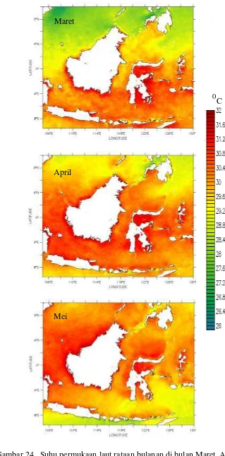 Gambar 24.  Suhu permukaan laut rataan bulanan di bulan Maret, April, 