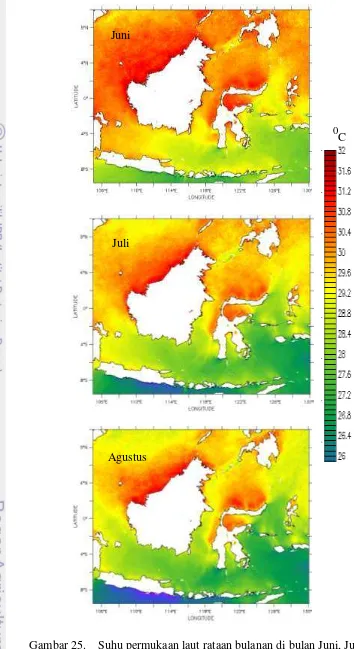 Gambar 25.    Suhu permukaan laut rataan bulanan di bulan Juni, Juli dan 