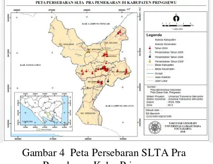 Gambar 4  Peta Persebaran SLTA Pasca Pemekaran Kab.  Pringsewu penambahan satu sekolah di Kecamatan Pagelaran dan lagi-lagi di area selatan dan merupakan sekolah swasta