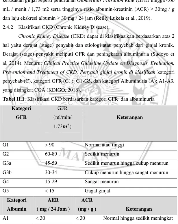 Tabel II.1. Klasifikasi CKD berdasarkan kategori GFR  dan albuminuria  Kategori  GFR  GFR  (ml/min/  1.73