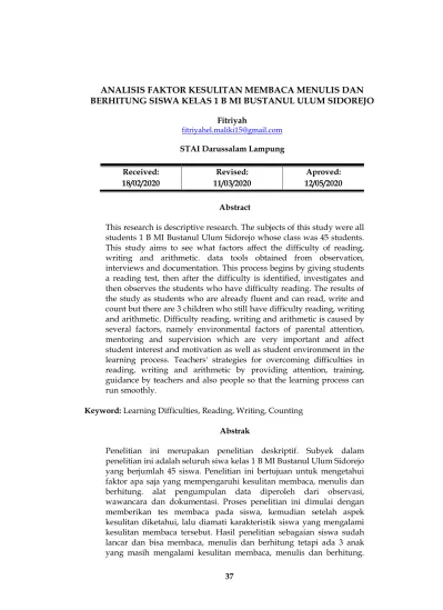 ANALISIS FAKTOR KESULITAN MEMBACA MENULIS DAN BERHITUNG SISWA KELAS 1 B ...