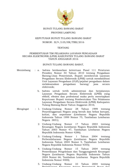 BUPATI TULANG BAWANG BARAT PROVINSI LAMPUNG KEPUTUSAN BUPATI TULANG ...