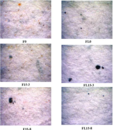 Gambar 3. Hasil Pengamatan Partikel Tinta pada Permukaan Lembaran Pulp Hasil Daur Ulang dengan fotomikroskopi Perbesaran 30x 