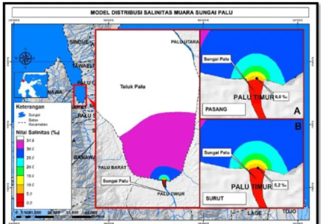 Gambar  5.  Distribusi  salinitas  muara  Sungai Toaya (A) Pasang (B) Surut 