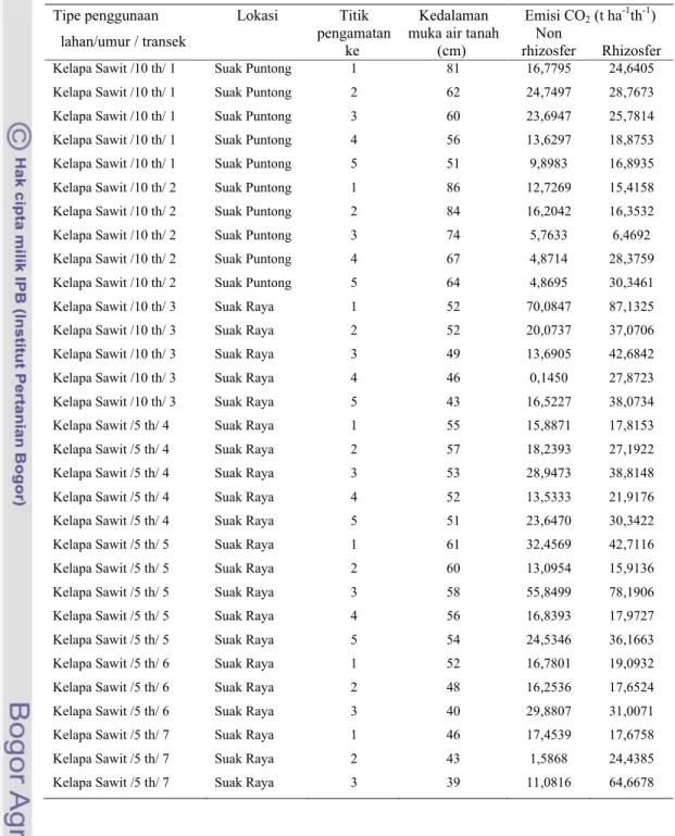 Tabel 11.   Emisi CO 2 di tiga kebun kelapa sawit pada berbagai            kedalaman muka air tanah