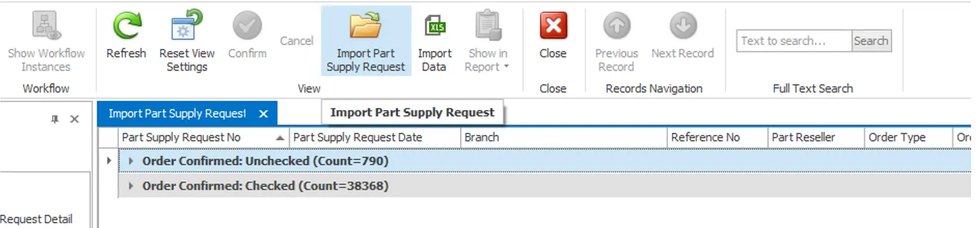 Gambar 55 Tombol action untuk mengimpor data Part Supply Request dari file Excel 