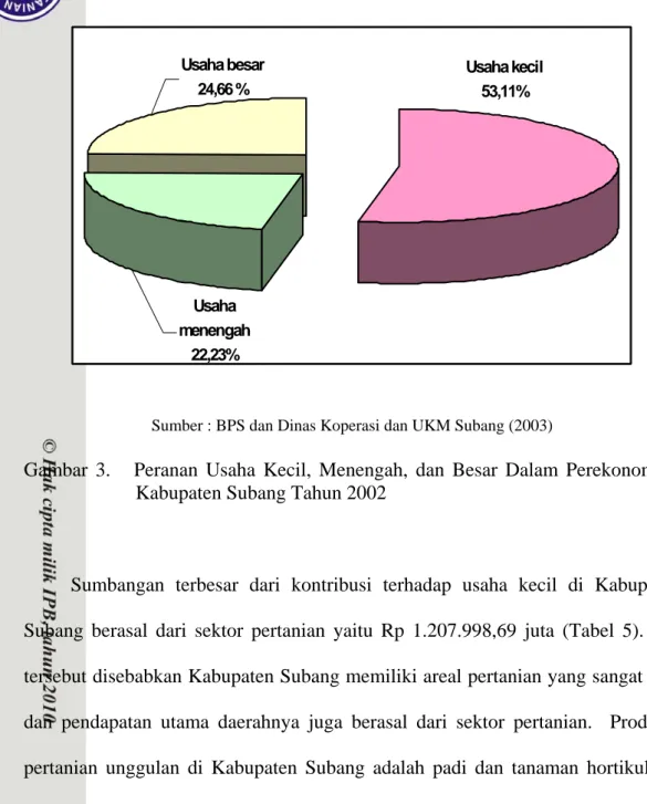 Gambar 3.   Peranan Usaha Kecil, Menengah, dan Besar Dalam Perekonomian  Kabupaten Subang Tahun 2002 
