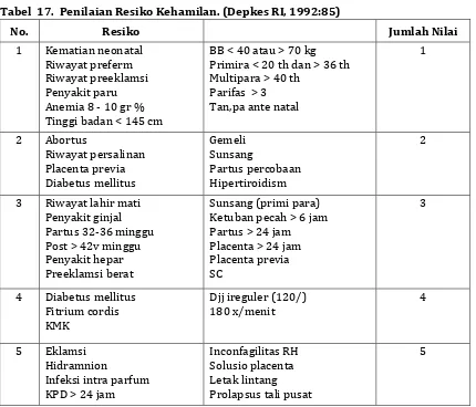 Tabel  17.  Penilaian Resiko Kehamilan. (Depkes RI, 1992:85) 