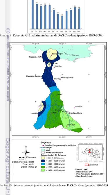 Gambar 10   Sebaran rata-rata jumlah curah hujan tahunan DAS Cisadane (periode 1999-2009)