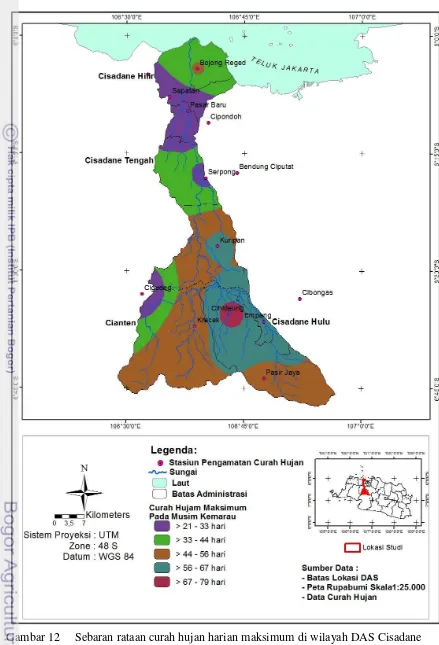 Gambar 12     Sebaran rataan curah hujan harian maksimum di wilayah DAS Cisadane 