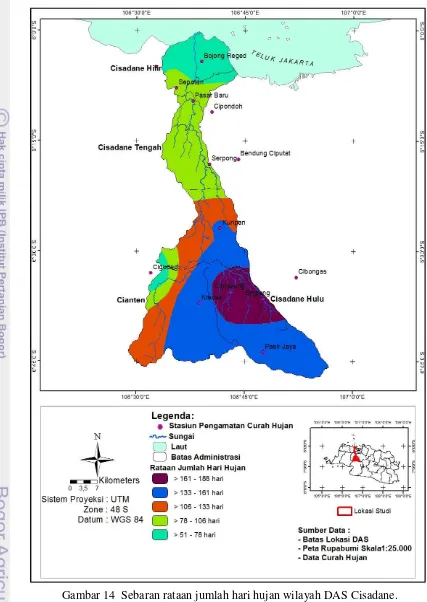 Gambar 14  Sebaran rataan jumlah hari hujan wilayah DAS Cisadane. 