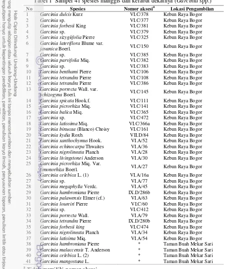 Tabel 1  Sampel 41 spesies manggis dan kerabat dekatnya (Garcinia spp.) 