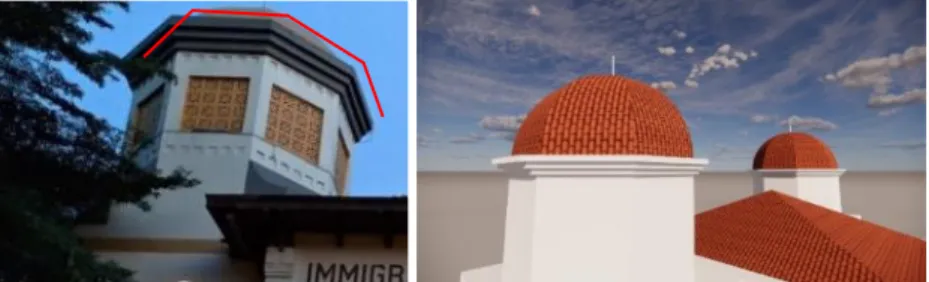 Gambar 6: Ornamen Garis-Garis Horizontal pada Atap Kubah Galeri Kunstkring beserta  Ilustrasi 3D Penerapan Ornamen 