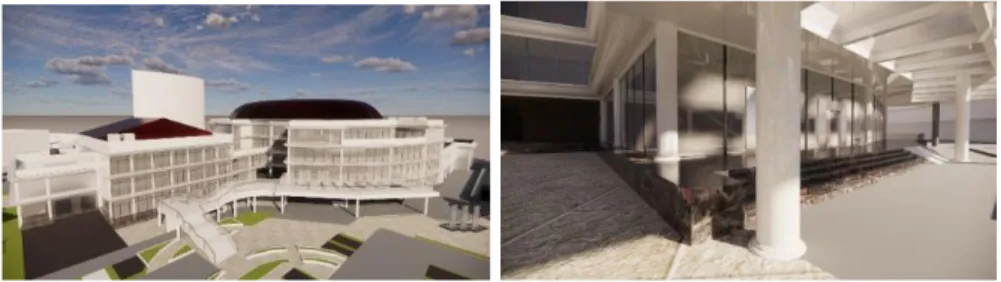 Gambar 12. Ilustrasi 3D Konsep Bangunan Post-Modern yang Menunjukkan Perpaduan Warna  Arsitektur Kolonial Belanda dan Konsep Penggunaan Aksen Ornamen Neoklasik Kolonial Belanda 