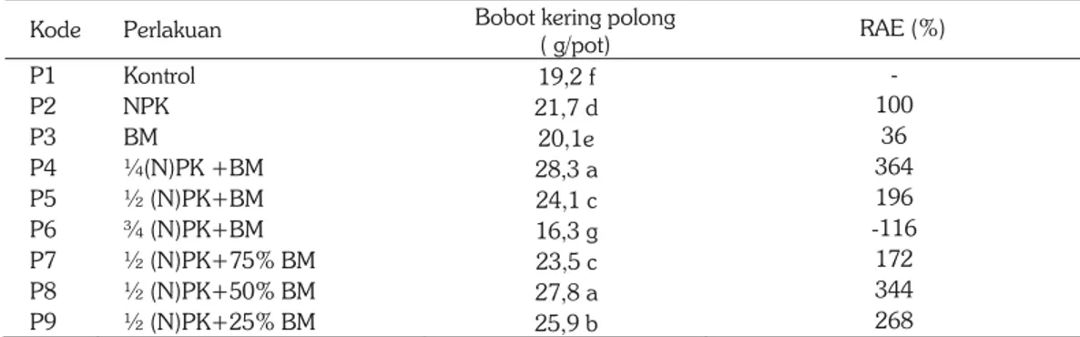 Tabel 5. Bobot kering polong kacang tanah dan nilai Relative Agronomic Effectiveness (RAE)  