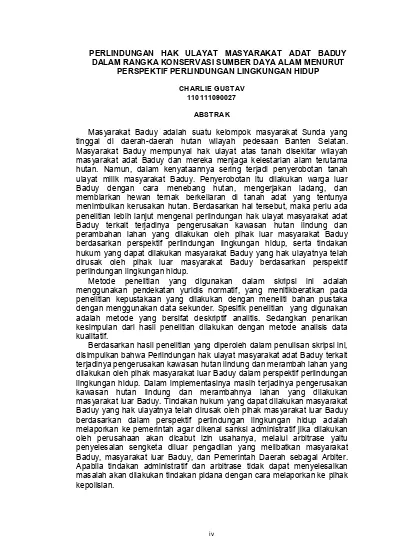 PERLINDUNGAN HAK ULAYAT MASYARAKAT ADAT BADUY DALAM RANGKA KONSERVASI ...