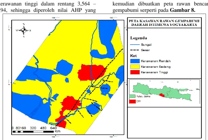 Gambar 8 Peta kawasan rawan gempabumi dearah Yogyakarta  Tabel 1  Nilai bobot dan skor tiap paramete r 