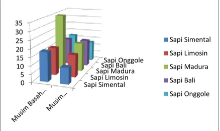 Grafik 6. Grafik Perbandingan Prevalensi Sampel Positif Fasciola sp.  dari masing-masing jenis  sapi  yang  terdapat  di  RPH  Pegirian  Surabaya  Ditinjau  Oleh  Faktor  Musim  Basah  dan  Musim  Kemarau 