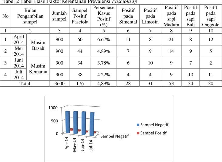 Tabel 2 Tabel Hasil FaktorKerentanan Prevalensi Fasciola sp  No  Bulan  Pengambilan  sampel  Jumlah sampel  Sampel Positif  Fasciola  Persentase Kasus Positif  (%)  Positif pada  Simental  Positif pada  Limosin  Positif pada sapi  Madura  Positif pada sapi