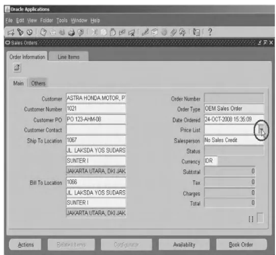 Gambar 4.18 User Interface Form Sales Order –   Klik tanda LOV pada kotak isian Price List  