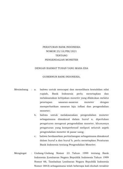 PERATURAN BANK INDONESIA NOMOR 23/18/PBI/2021 TENTANG PENGENDALIAN ...