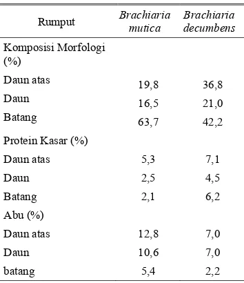 Tabel 4. Komposisi morfologi dan kandungan protein kasar dan abu pada Brachiaria mutica dan Brachiaria decumbens 