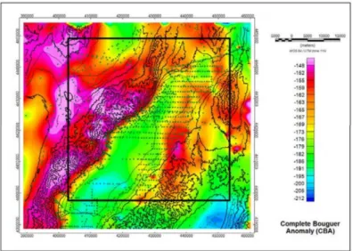 Gambar 2.12 Peta gaya berat Complete Bouguer Anomaly (CBA) dari area Dixie Valley dengan  semua stasiun gaya berat