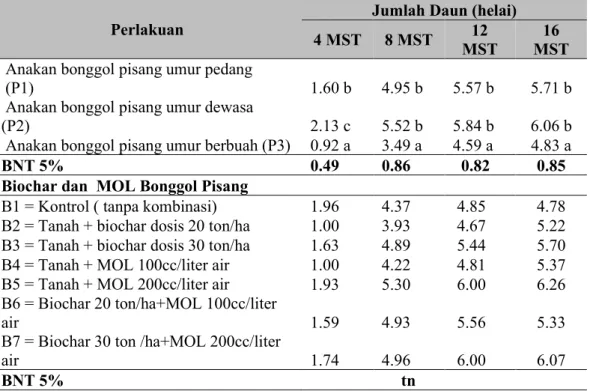 Tabel 2.   Pengaruh  Pemberian  Biochar  dan  MOL  Bonggol  Pisang  Terhadap  rata-rata  Jumlah Daun pada Tanaman Pisang  