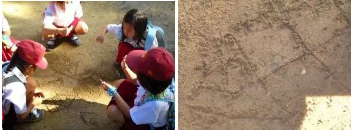 Figure 1. (Left) students are playing with their pairs, (Right) one of result of playing game is rumah with ordered number on the roof 