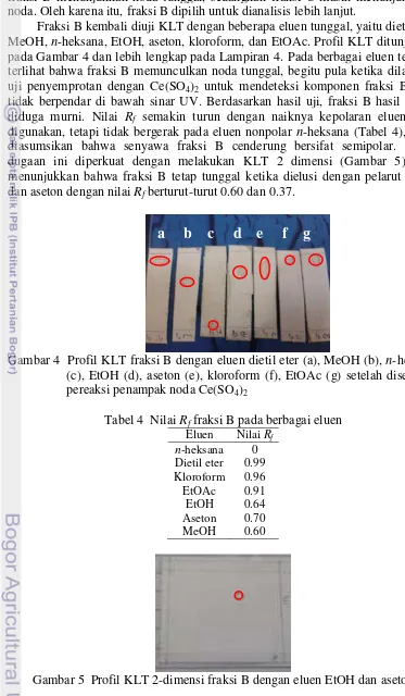 Gambar 4  Profil KLT fraksi B dengan eluen dietil eter (a), MeOH (b),  n-heksana 