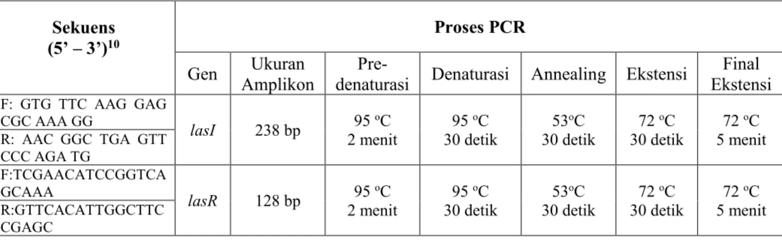 Tabel 2. Primer dan proses PCR dalam amplifikasi gen lasI dan lasR 