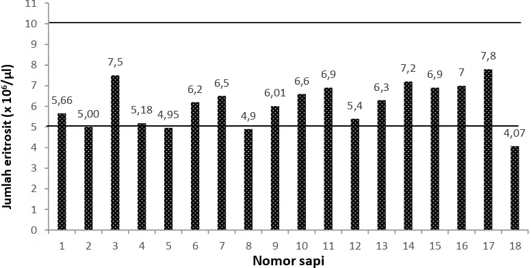 Gambar 1  Grafik jumlah eritrosit sapi perah pada periode kering kandang (Daerah diantara tanda        menunjukan jumlah eritrosit normal) 
