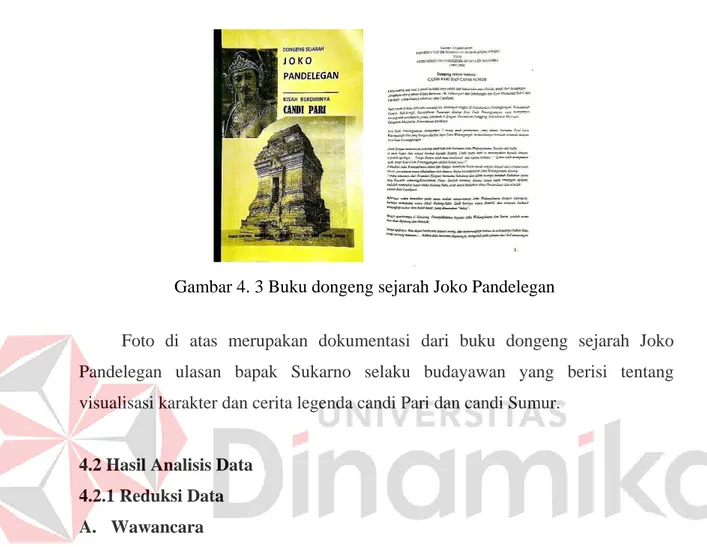 Foto  di  atas  merupakan  dokumentasi  dari  buku  dongeng  sejarah  Joko  Pandelegan  ulasan  bapak  Sukarno  selaku  budayawan  yang  berisi  tentang  visualisasi karakter dan cerita legenda candi Pari dan candi Sumur