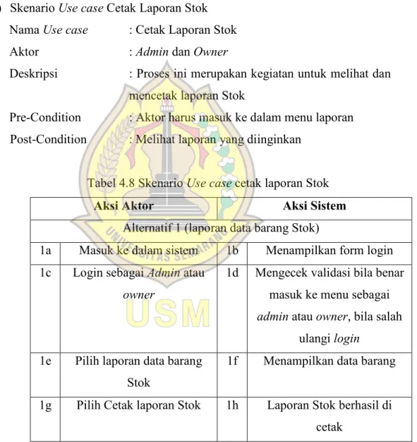 Tabel 4.8 Skenario Use case cetak laporan Stok 