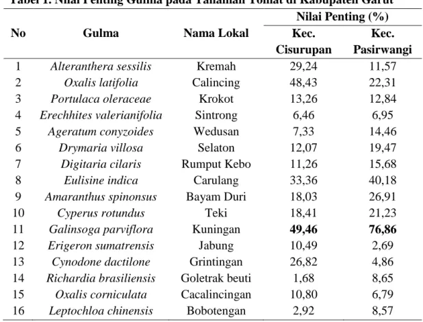 Tabel 1. Nilai Penting Gulma pada Tanaman Tomat di Kabupaten Garut 