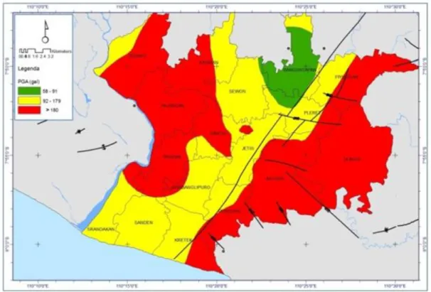 Gambar 8. (Colour online) Zonasi PGA dengan metode Kanai di Kab. Bantul berdasarkan data gempa 1981- 1981-2014 