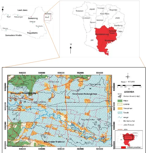 Gambar 1.1. Peta Lokasi Penelitian di Daerah Randublatung dan sekitarnya, Kabupaten  Blora, Jawa Tengah (Badan Koordinasi Survei dan Pemetaan Nasional, 1999