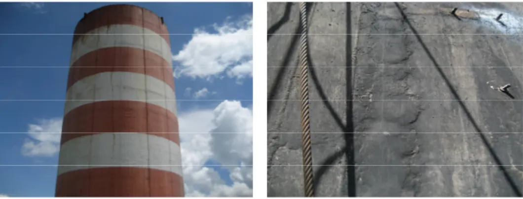 Gambar 1. Kondisi visual steel chimney reinforced concrete sisi luar   dan sisi dalam pasca kebakaran 