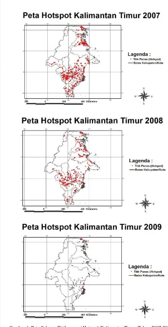 Gambar 6. Peta Sebaran Titik panas (Hotspot) Kalimantan Timur Tahun 2007-2009