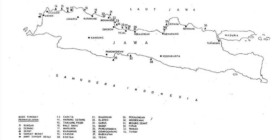 Gambar 1.7 Lokasi Muara dan Pantai di Jawa yang Mengalami Permasalahan (Syamsudin, 2000) 