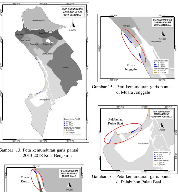Gambar  13.  Peta kemunduran garis pantai  2013-2018 Kota Bengkulu 