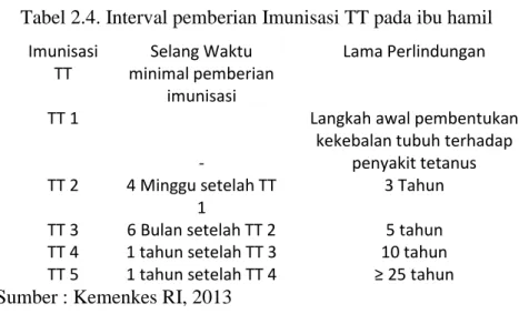 Tabel 2.4. Interval pemberian Imunisasi TT pada ibu hamil  Imunisasi  TT  Selang Waktu  minimal pemberian  imunisasi  Lama Perlindungan  TT 1  - 