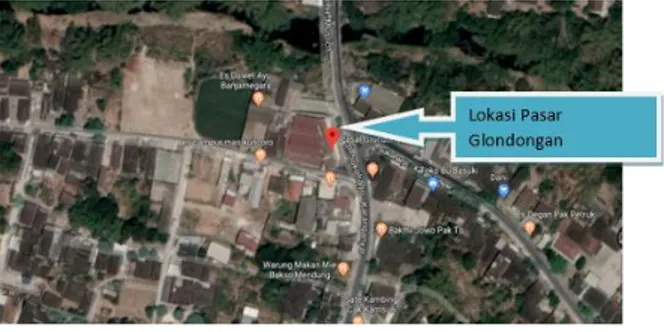 Gambar 1. Lokasi Pasar Glondongan  Dengan  akses  yang  mudah  dijangkau  menjadikan  Pasar  Glondongan  Polokarto  Sukoharjo menjadi pilihan utama bagi pembeli  yang  akan  berbelanja  ke  pasar