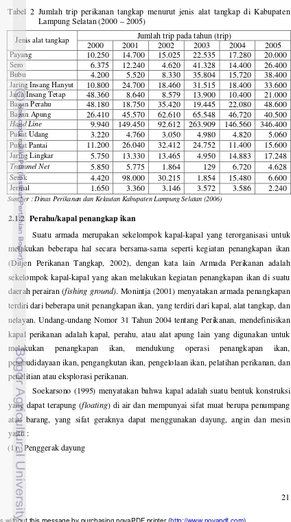 Tabel 2 Jumlah trip perikanan tangkap menurut jenis alat tangkap di Kabupaten Lampung Selatan (2000 – 2005) 