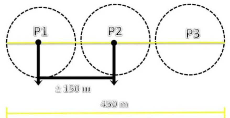 Gambar 1. Titik pengamatan burung menggunakan metode kombinasi antara titik hitung atau IPA dan  metode jalur