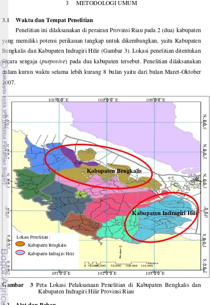 Gambar  3 Peta Lokasi Pelaksanaan Penelitian di Kabupaten Bengkalis dan 